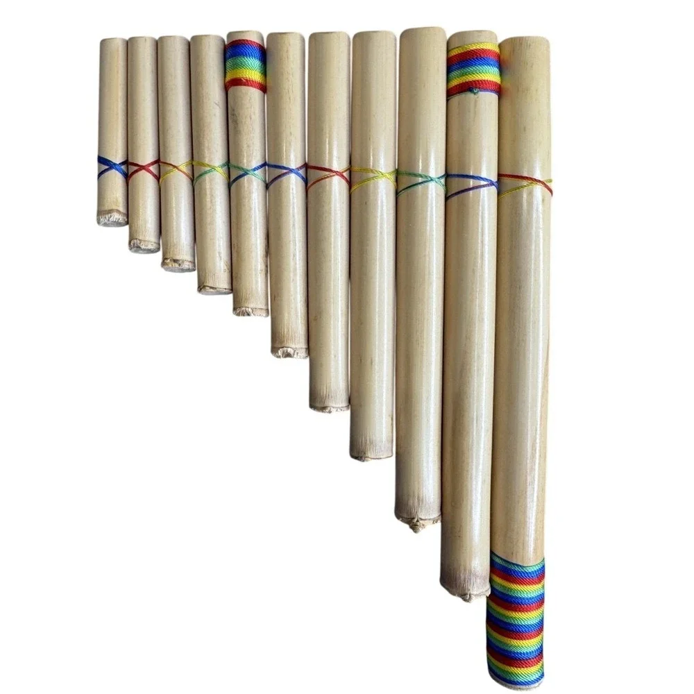 Handcrafted Bamboo Pan Flute 10 Pipe Natural Wood Wind Instrument Rainbow Wrap